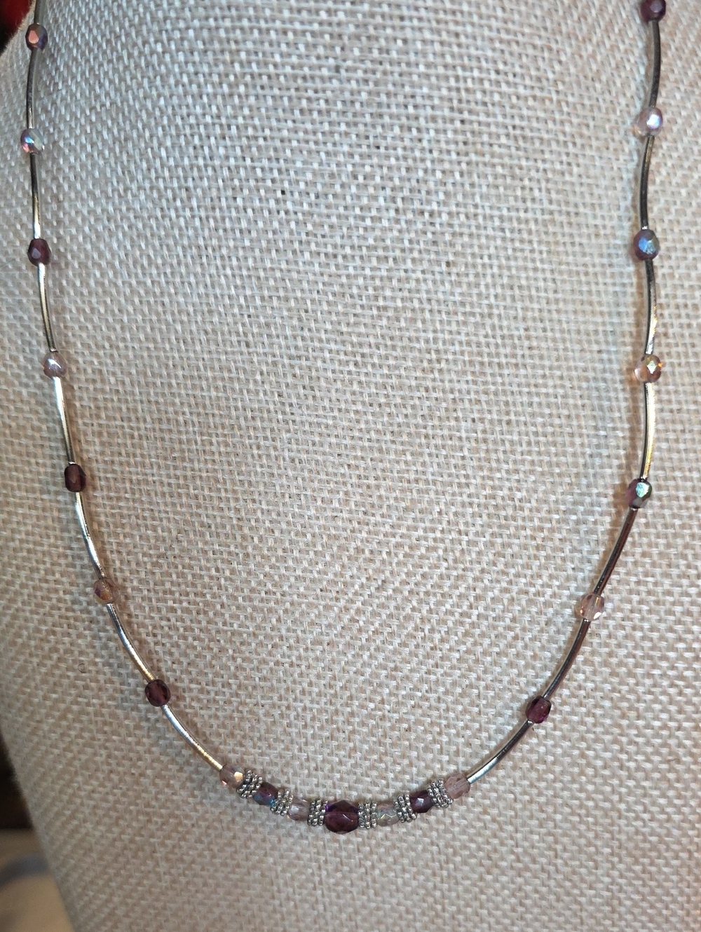 Vintage Dainty Genuine Amethyst Rose Quartz Glass Bead Station Necklace 16-19"